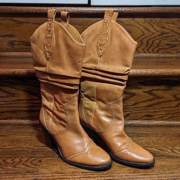 Cherokee Brand Women's 6B Tan Leather Slouch Western Boots with 3 inch Heels - Picture 1 of 9